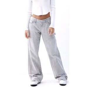Pacsun Low Rise Wide Leg Carpenter Girlfriend Jeans Light Gray Denim Sz 27 EUC